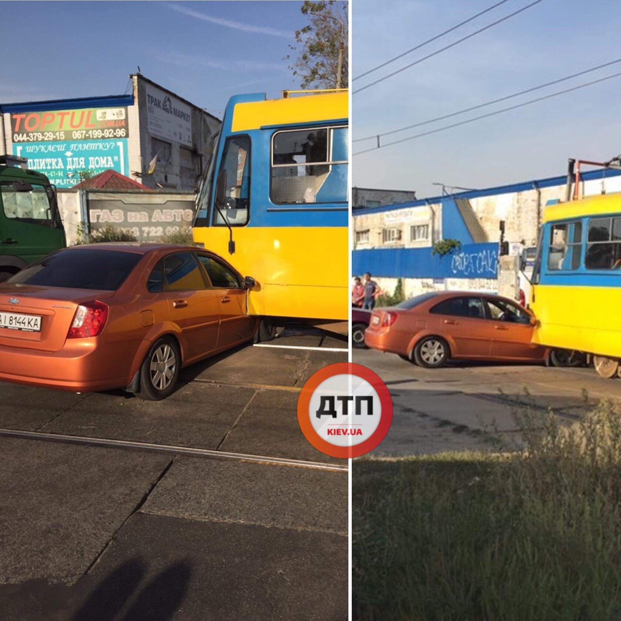 В Киеве возле метро Черниговская произошла авария с участием трамвая и автомобиля