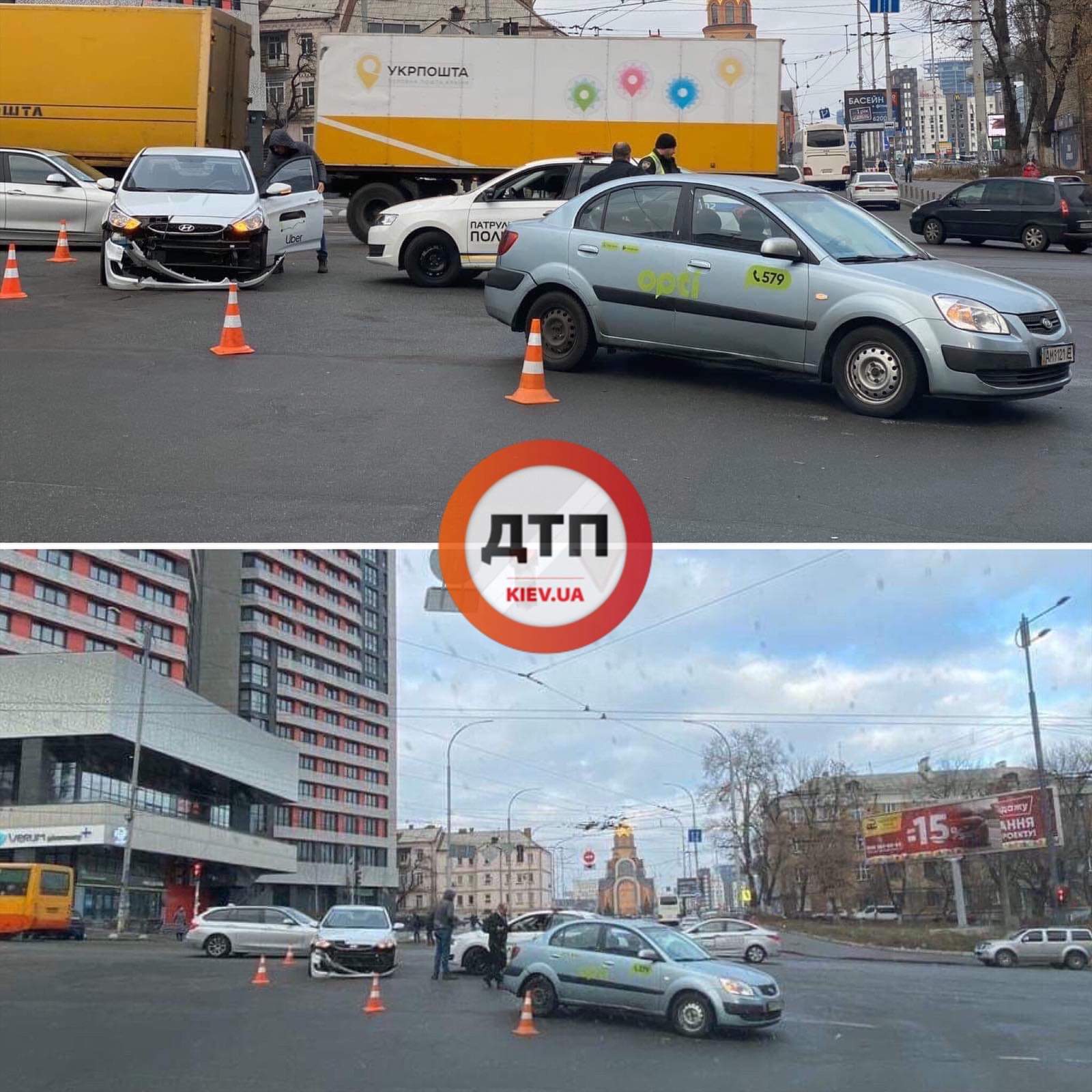 В Киеве напротив ТЦ Ультрамарин столкнулись два автомобиля служб такси