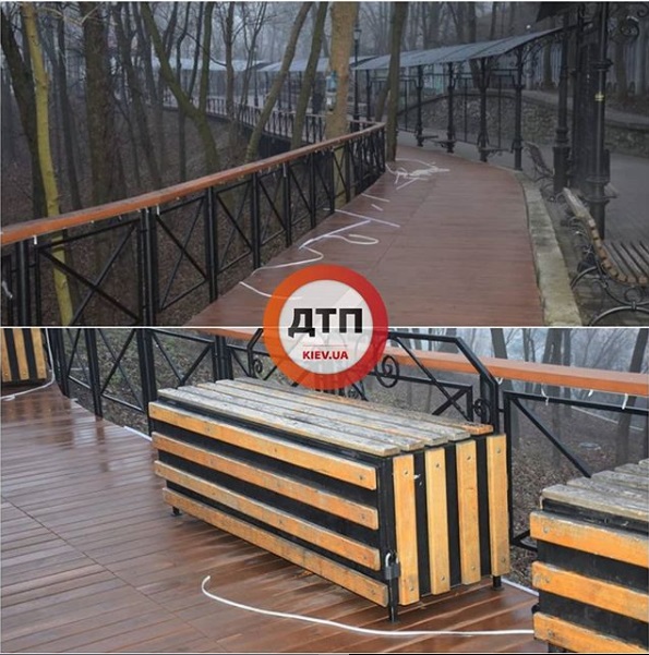 В Киеве вандалы вырвали элементы LED-подсветки, которая вмонтирована в перила вдоль Аллеи художников