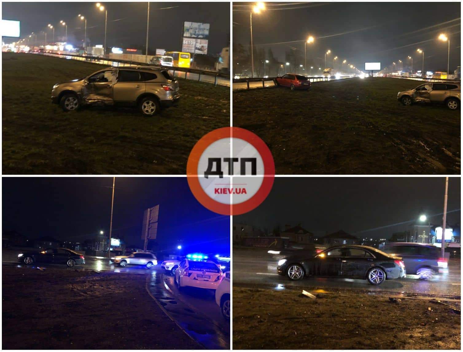 В Киеве ночью на Окружной произошло двойное ДТП с участием автомобилей ВАЗ, Nissan, Mercedes и Range Rover