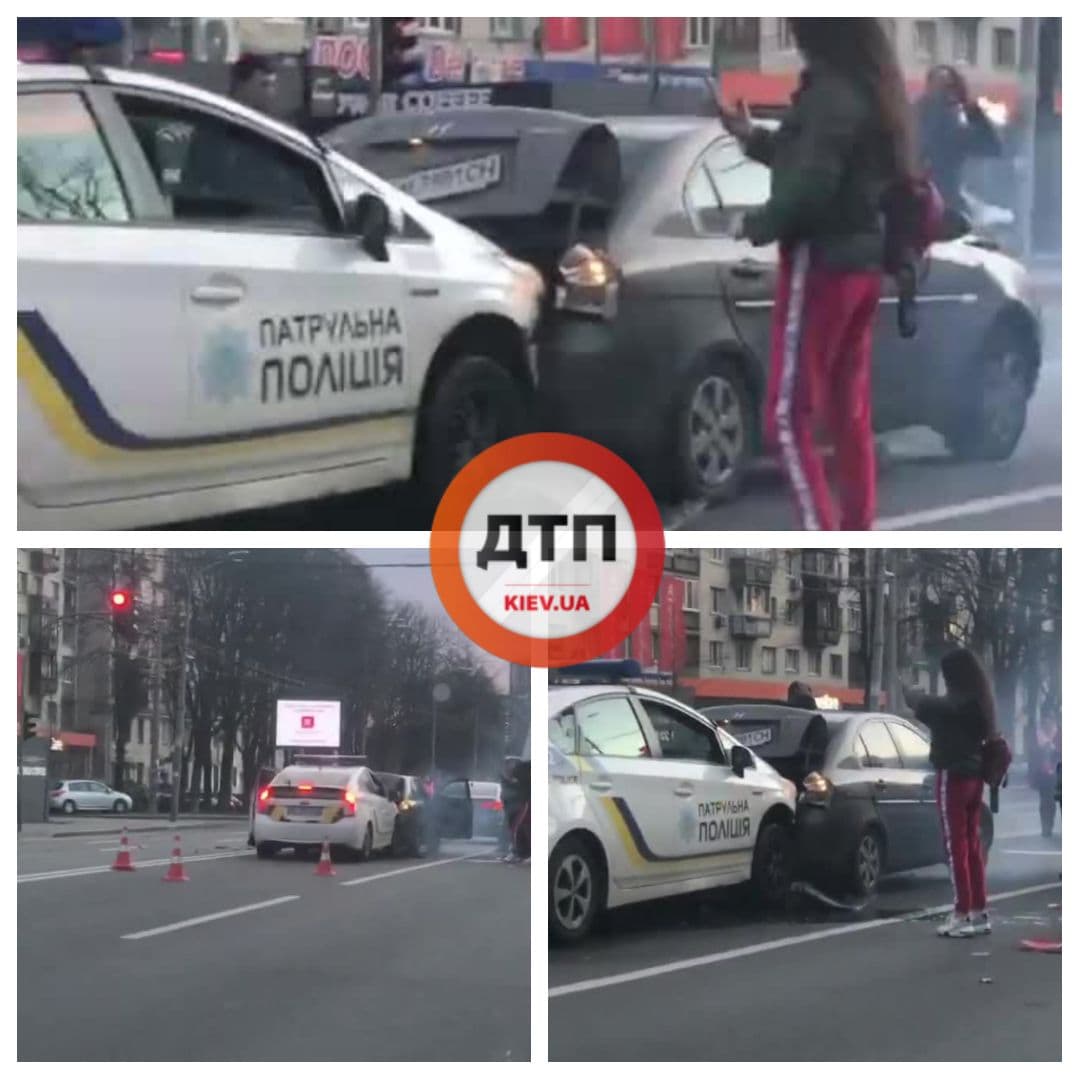 В Киеве на Воздухофлотском проспекте полицейский Toyota Prius протаранил Hyundai Accent