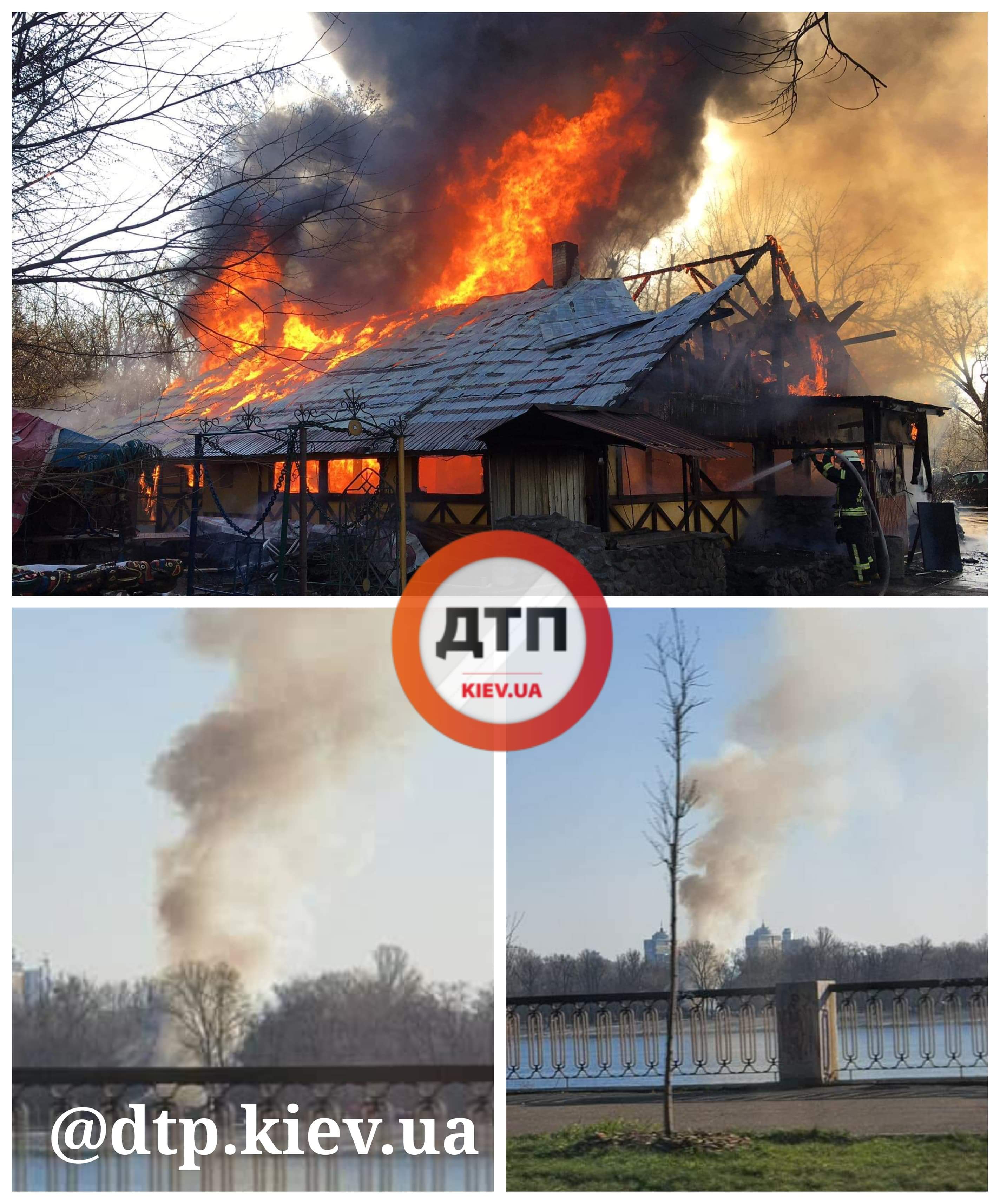 В Киеве на Гидропарке произошел масштабный пожар: горит несколько зданий на территории туристического комплекса