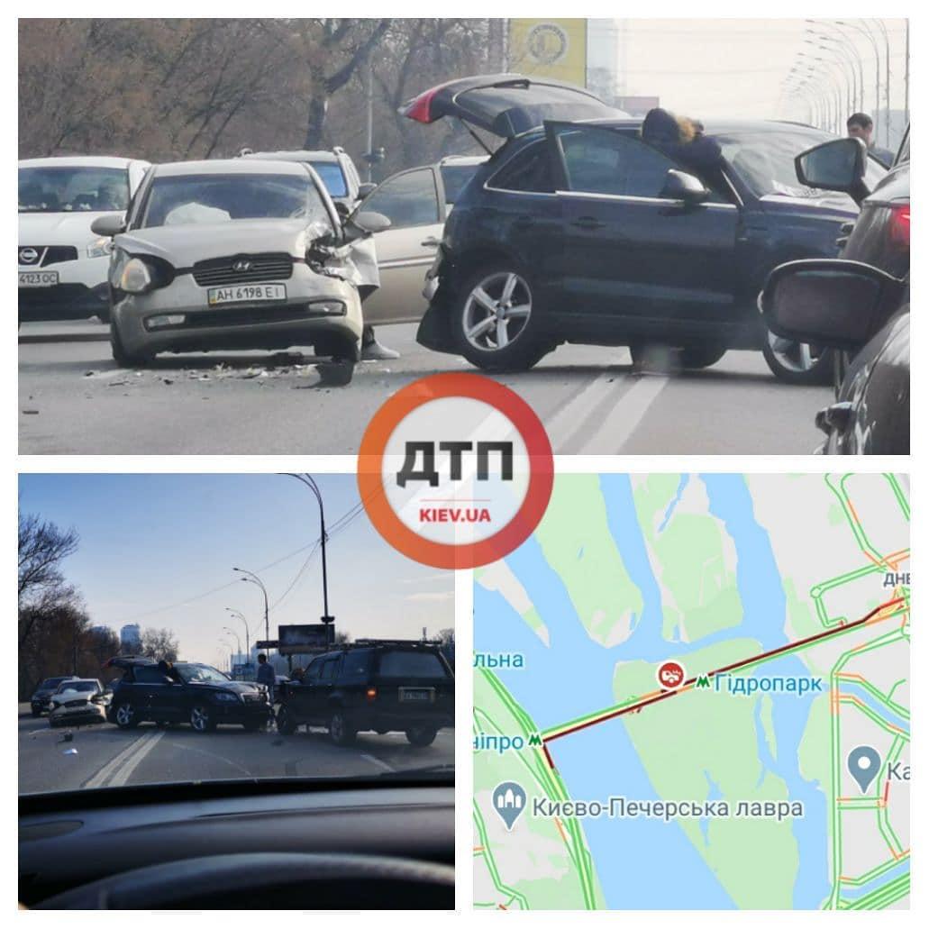 В Киеве на Броварском проспекте произошло дистанционное ДТП с пострадавшими - автомобиль Hyundai протаранил Audi
