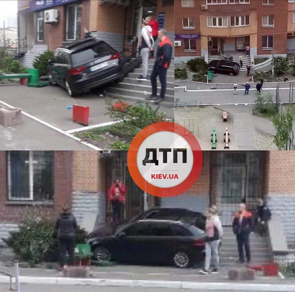 В Киеве на улице Григоренко произошло ДТП - девушка на автомобиле сбила лавочку, заехала на ступеньки и как ни в чем не бывало ушла домой
