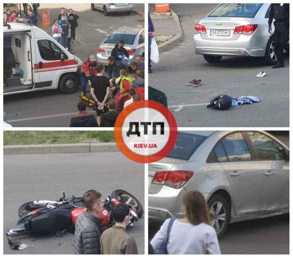 Серьезное мото ДТП в Киеве на Дарницком бульваре - мотоцикл протаранил автомобиль Chevrolet: пилот пролетел 20 метров в воздухе