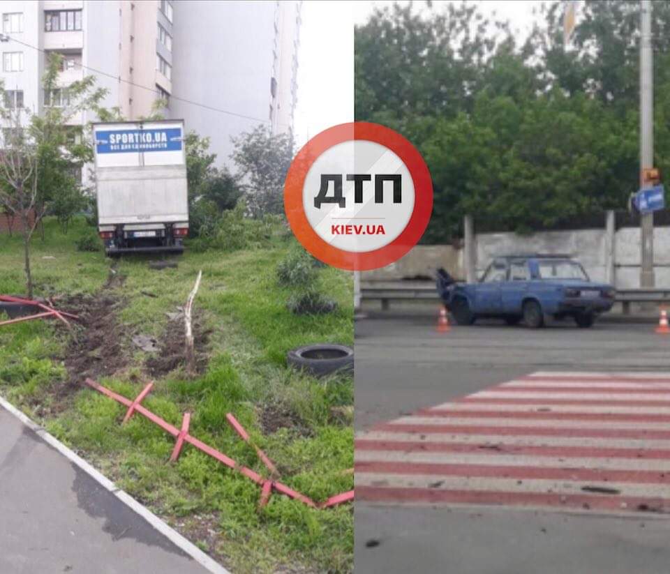 В Киеве на улице Новаторов произошло серьезное ДТП - грузовик врезался в ВАЗ и вылетел на газон