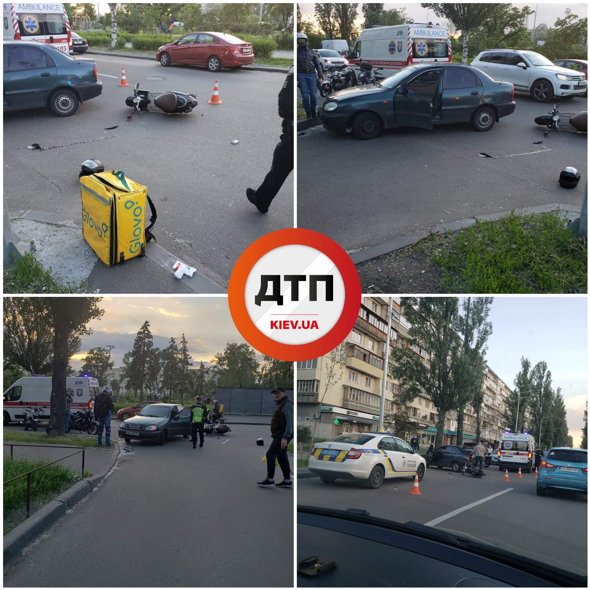 В Киеве на улице Мыколайчука произошло мото ДТП с пострадавшими - автомобиль Daewoo Lanos сбил курьера Glovo на мотороллере