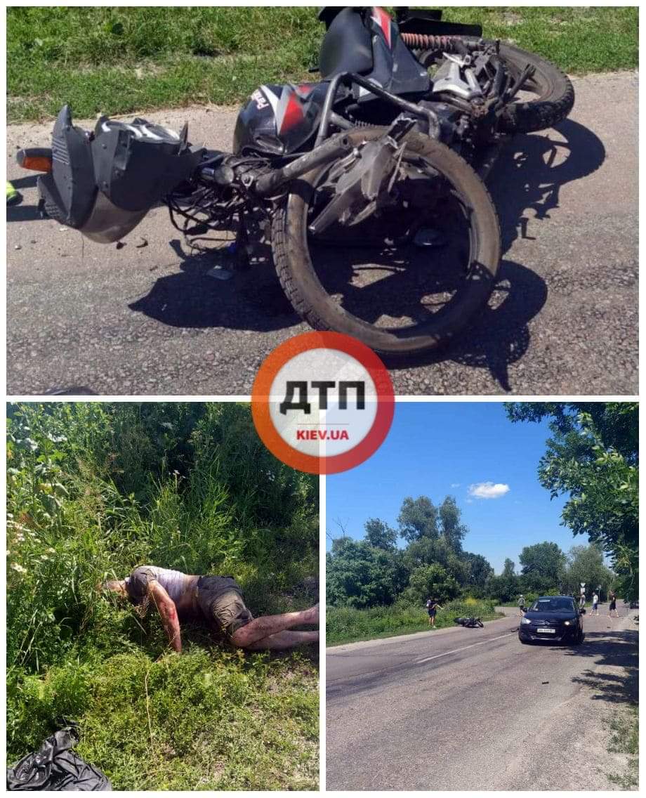 На Киевщине случилось серьезное мото ДТП с пострадавшими: пьяный пилот на повороте вылетел на встречную полосу и столкнулся с Mitsubishi