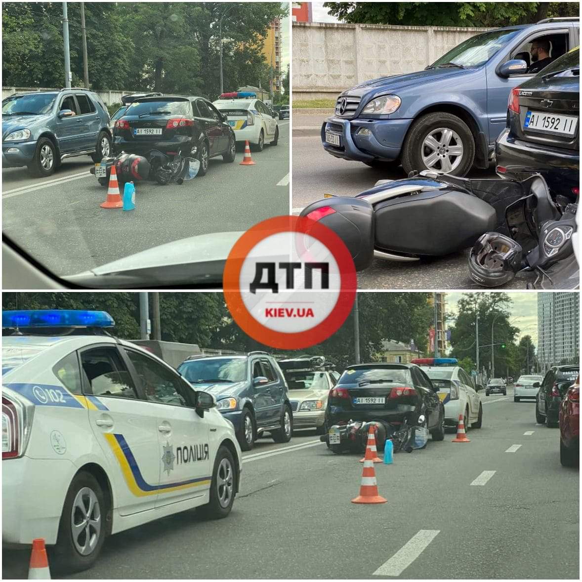 В Киеве на улице Максимовича произошло мото ДТП: пилот скутера протаранил автомобиль Chevrolet