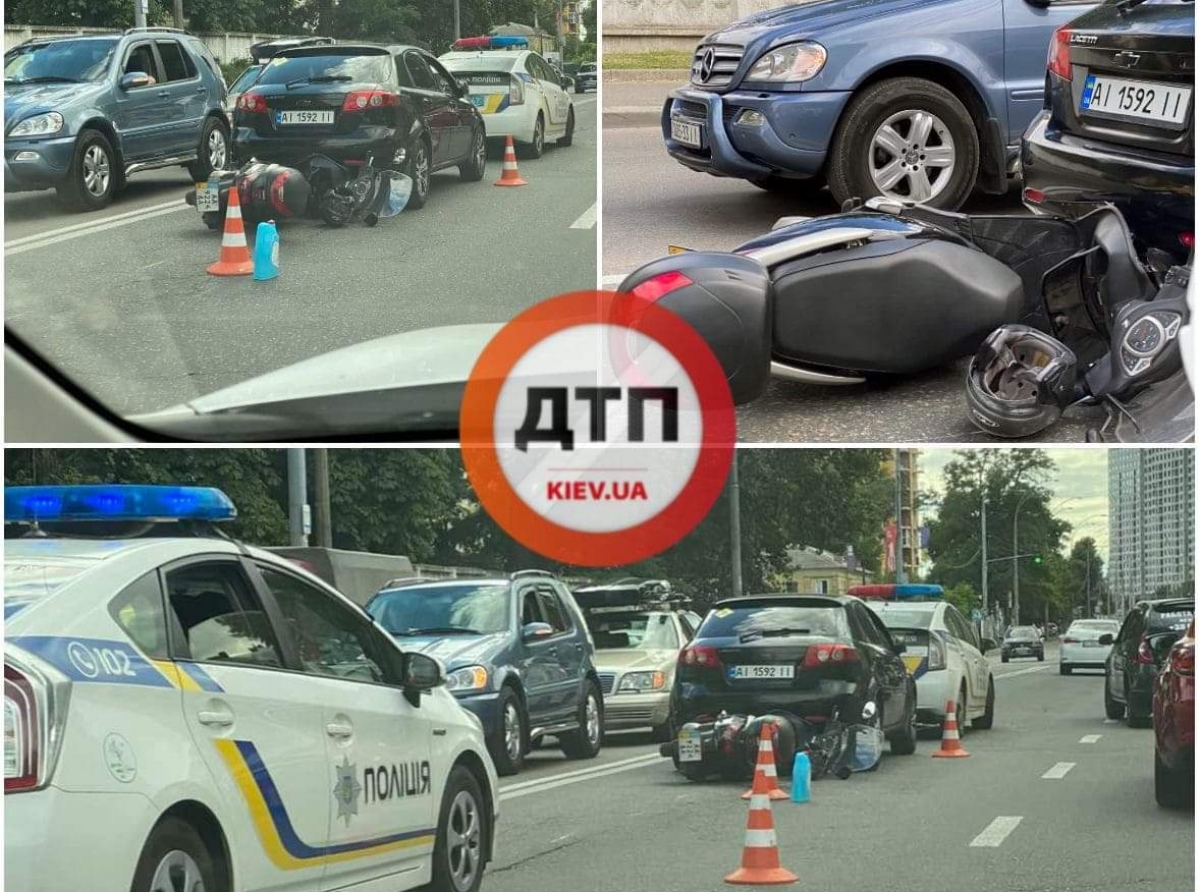 В Киеве на улице Максимовича произошло мото ДТП: пилот скутера протаранил автомобиль Chevrolet