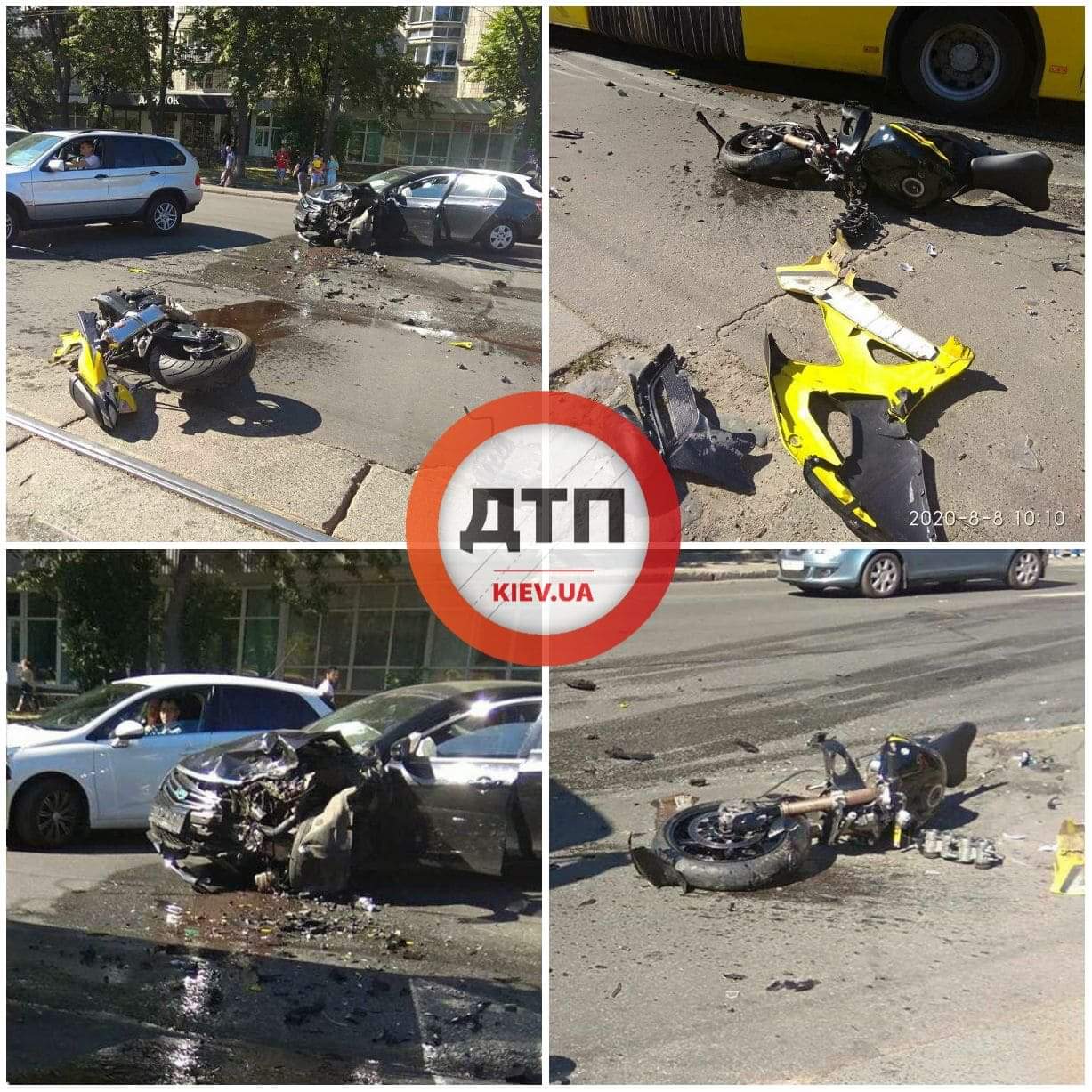 В Киеве на Кирилловской произошло серьезное ДТП - мотоцикл врезался в автомобиль: байк разорвало на части, пилот в тяжёлом состоянии
