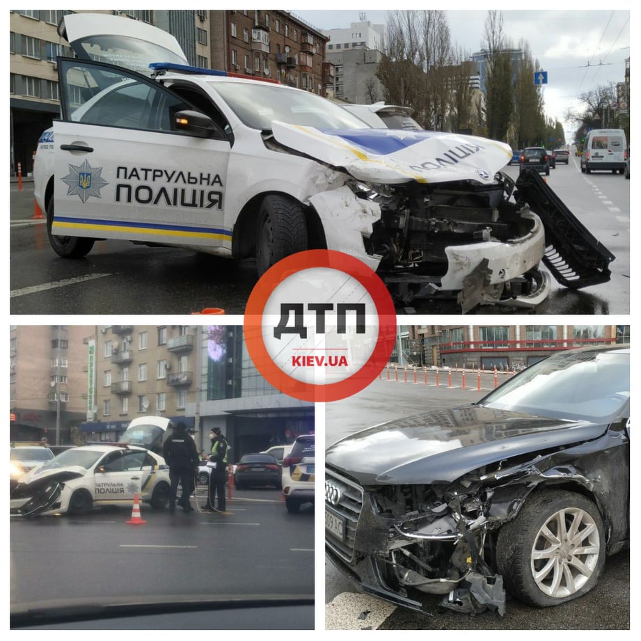 В Киеве на площади Победы произошло серьезное ДТП: полицейский автомобиль Skoda торопился ДТП и столкнулся с Audi